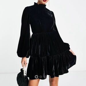 ASOS DESIGN premium velvet mini smock dress with pie crust neck
